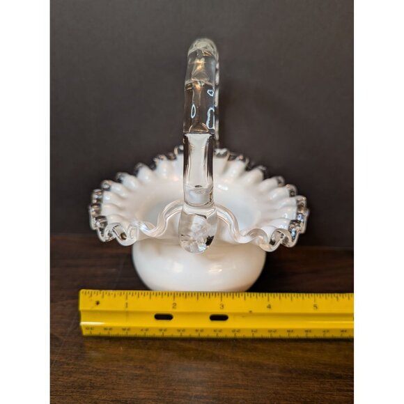 Vintage Fenton Milk Glass Ruffled Basket With Clear Glass Handle 6" T X 5" W - Picture 6 of 7